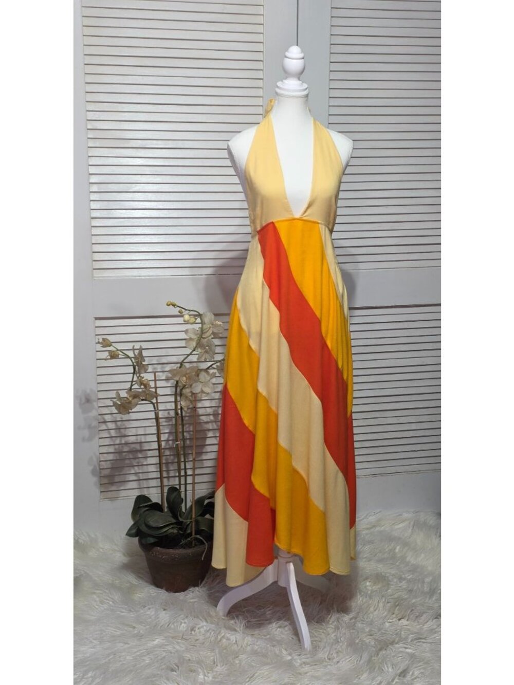 Free People Women's Yellow Orange Cream Me A Spin Halter Midi Dress Sz Xs 3864